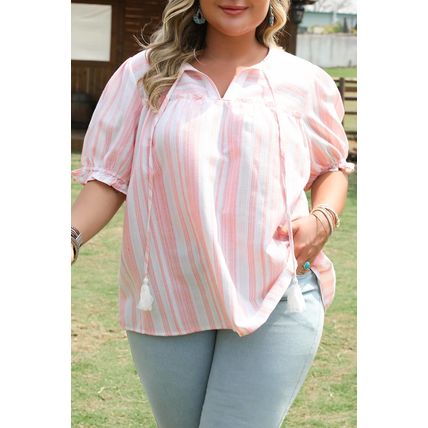 Pink Stripe Plus Size Tassel Tie Frilled Detail Short Sleeve Blouse