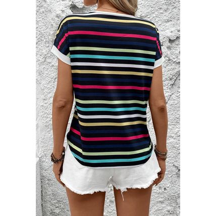 Black Stripe Multicolor Contrast Edge Crew Neck T Shirt