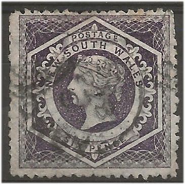 New South Wales 1864 SG165 6d Purple Perf 13 Good+ Used . .. .