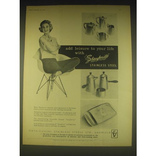 1962 Firth-Vickers Staybrite Stainless Steel Ad - Add leisure to your life with