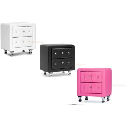 Nightstand Faux Leather Crystal Tufted Foam Padded Upholst. White, Black Or Pink