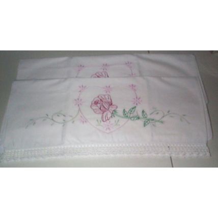 Crochet and Embroidered Pillowcases - - Heart & Rose - - Pair - - Standard Size