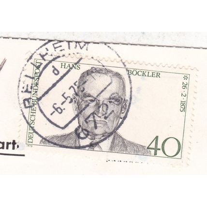 Bellheim postmark Germany 1975 on Hans Bockler 40pf VGC