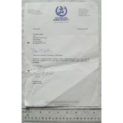 1993 British Horse Society letter signed Tim Eastwood