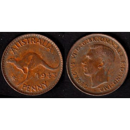 Australia One Penny 1943 Used Coin 1d Geo VI Kangaroo