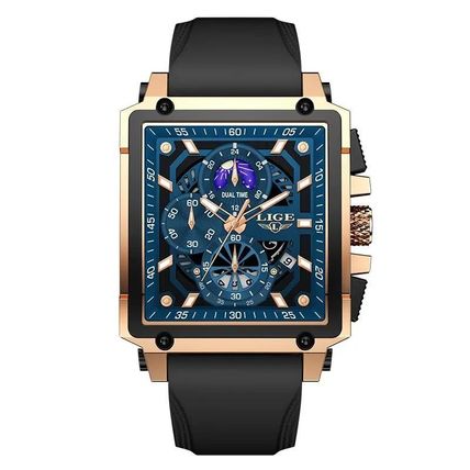 Gents Large Luxury Blue Square Chronograph Date Black Silicone Strap Watch Boxed