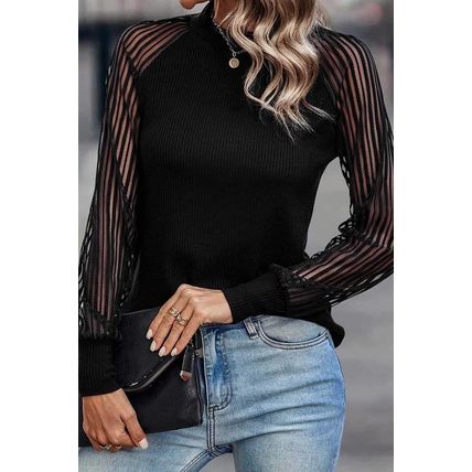 Black Striped Mesh Long Sleeve Crewneck Ribbed Top