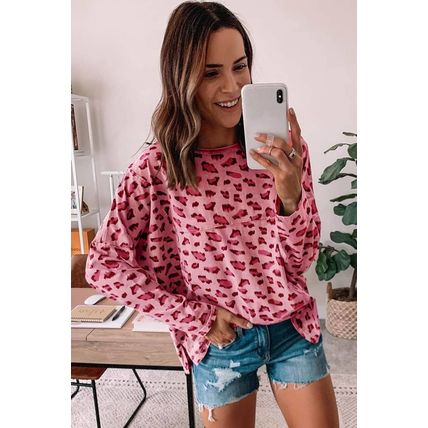 Pink Animal Print Stitching Loose Long Sleeve Top