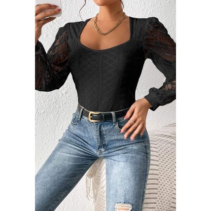 Black Frenchy Contrast Lace Bishop Sleeve Bodysuit