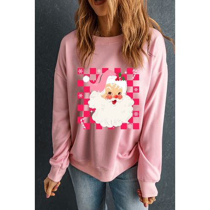 Pink Fancy Checkered Father Christmas Graphic Sweatshirt