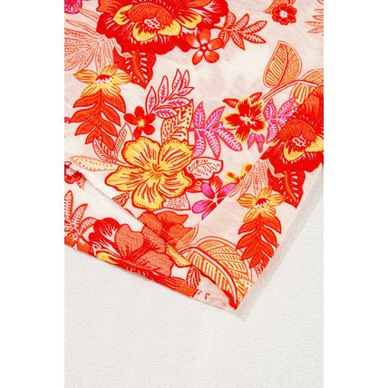Orange Floral Print Pearl Button Keyhole Long Puff Sleeve Blouse