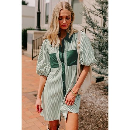 Green Patch Pockets Button Down Short Puff Sleeve Dress