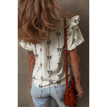 Beige Bow Printed Ruffled Bubble Sleeve Tied Notched V Neck Blouse