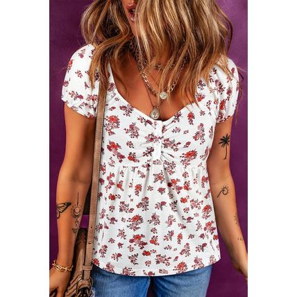 White Boho Floral Ruched Cinched Short Sleeve Blouse
