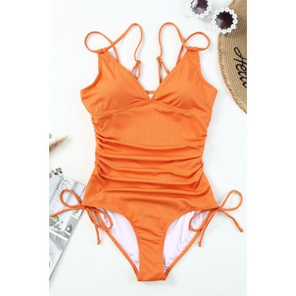 Orange Adjustable Straps Ribbed Knit One Piece Swimsuit