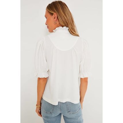 White Frilled Edge Half Button Stand Neck Bubble Sleeve Blouse