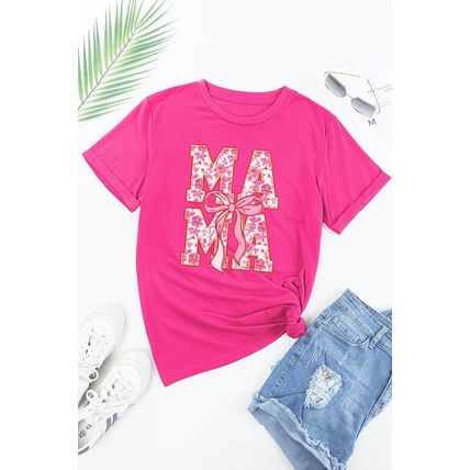 Rose Red Floral MAMA Lettering Bow Print T Shirt