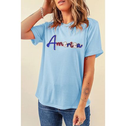 Light Blue Sequin America Graphic Crewneck Patriotic T Shirt