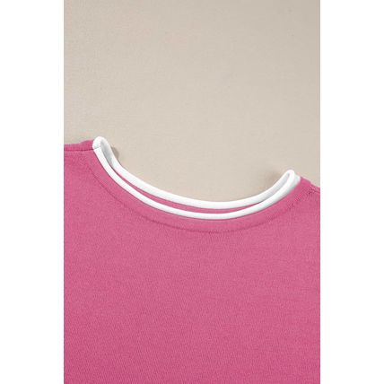 Bright Pink Contrast Trim Half Sleeve Top Drawstring Pants Loose 2pcs Sweater Su