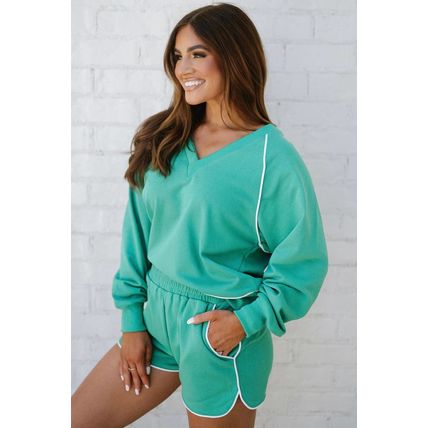 Dark Green Colorblock Trim V Neck Pullover Top and Shorts Set