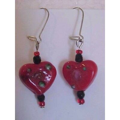 Heart Earrings Glass Red Heart Pierced Earrings 1-1/2"