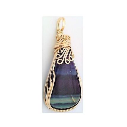 Rainbow fluorite Gold Wire Wrap Gemstone Pendant 3