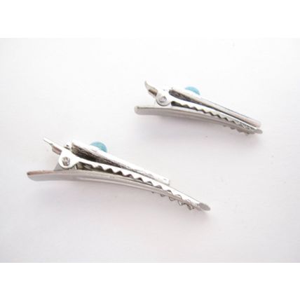 Small blue stone silver metal alligator hair claw clip clamp for fine thin hair