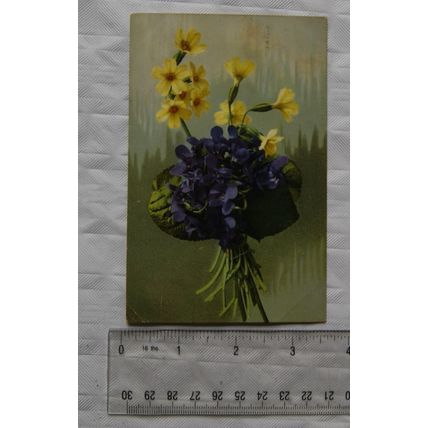 1919 Greetings postcard Bunch of Yellow and Purple Flowers