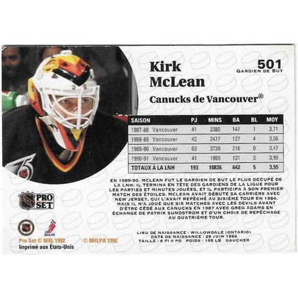 Kirk McLean - Vancouver Canucks - Pro Set French