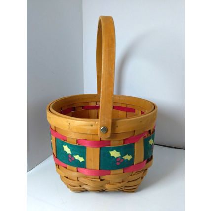Round Christmas "Holly" Ribbon Basket - Lattice Type- Adorable! Farmhouse Decor