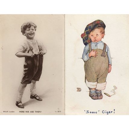 Boy Sick With Cigar Smoking Cheeky Dungarees 2x Comic Old Postcard s