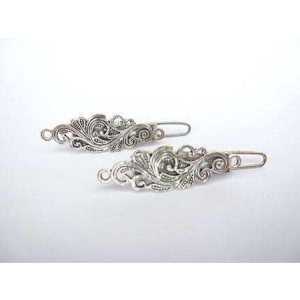 2 extra tiny small silver metal filigree barrette hair clip fine thin hair
