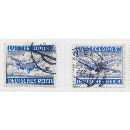GERMANY 1942 AIRMAIL AIR JUNKERS PLANE LUFTFELDPOST USED 2 STAMP LOT SHADES ARMY