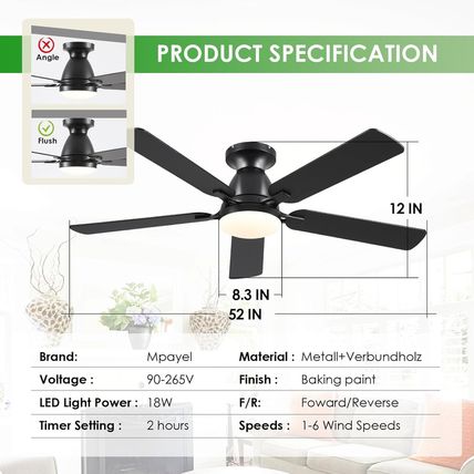 Ceiling Fans with Lights- 52" Low Profile Indoor Ceiling Fan with Light and Remo