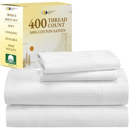 California Design Den Striped Queen Sheet Set - Soft 400 Thread Count Sateen, Na