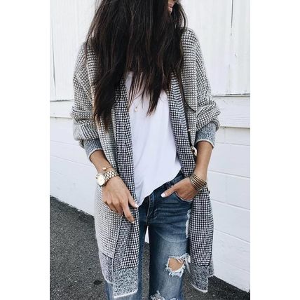 Gray Plaid Knitted Long Open Front Cardigan