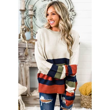 White Buttoned Shoulder Drop Shoulder Striped Sweater