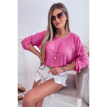 Rose Pleated Texture Roll Tab Sleeve Blouse