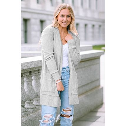 Beige Thermal Waffle Knit Pocketed Cardigan