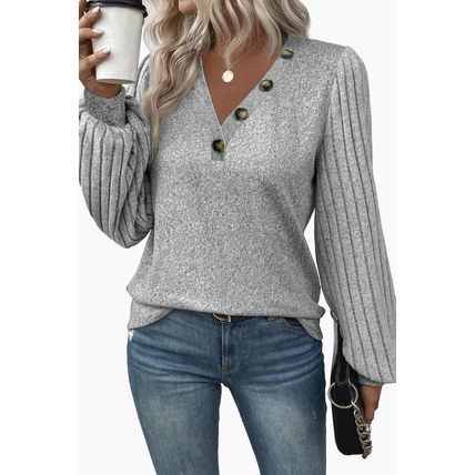 Light Grey Buttoned V Neck Ribbed Puff Sleeve Top