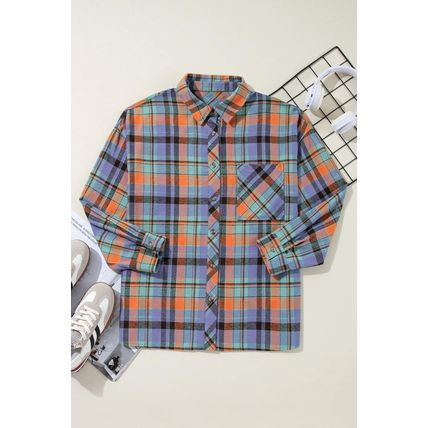 Orange Plus Size Plaid Print Buttoned Shirt