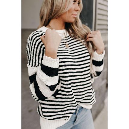 Black white Striped Drop Shoulder Bishop Sleeve Knit Sweater