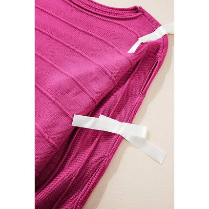 Rose Red Bow Knot Cut Out Round Neck Loose Sweater