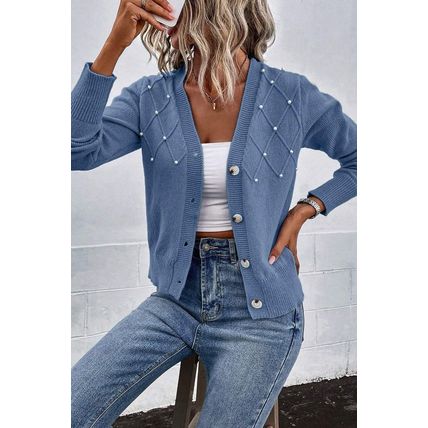 Myosotis Textured Knit Pearl Beaded Button Up Cardigan