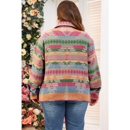 Pink Plus Size Aztec Printed Flap Pocket Shacket