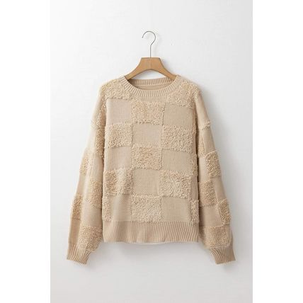 Parchment Checkered Sherpa Crew Neck Loose Sweater