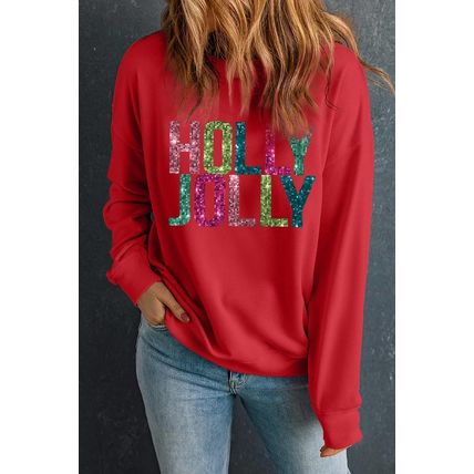Red Glittering HOLLY JOLLY Graphic Christmas Pullover Sweatshirt