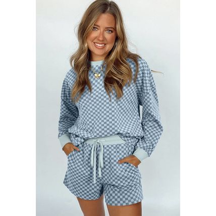 Sky Blue Checkerboard Long Sleeve Pullover and Shorts Set