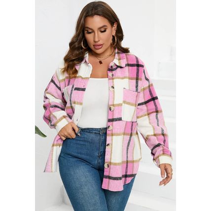Pink Plaid Color Block Buttoned Long Sleeve Jacket with Pocket