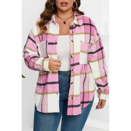 Pink Plaid Color Block Buttoned Long Sleeve Jacket with Pocket